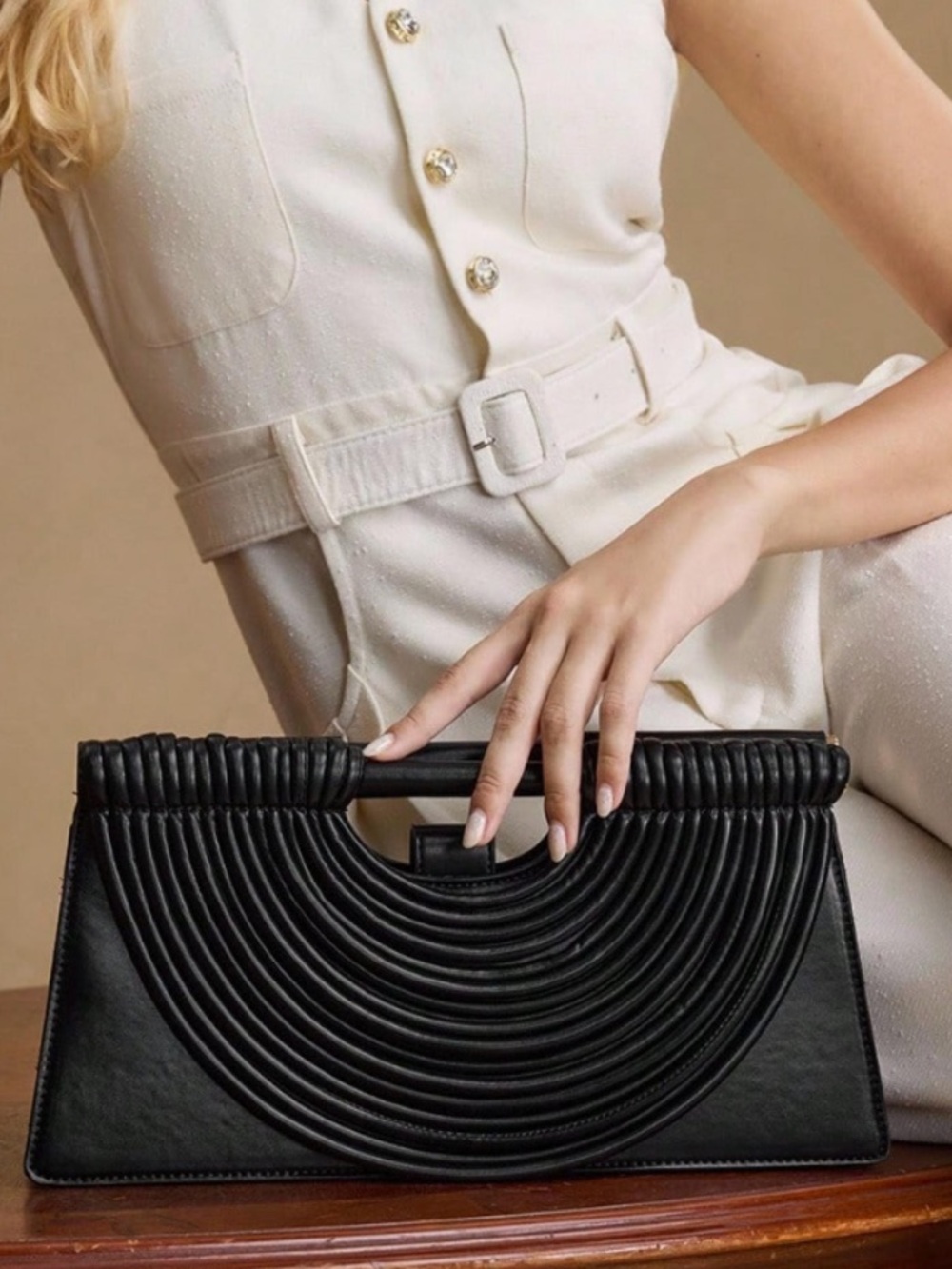 Bottega Inspired Black Structured Leather Handbag with Sculpted Arc Design